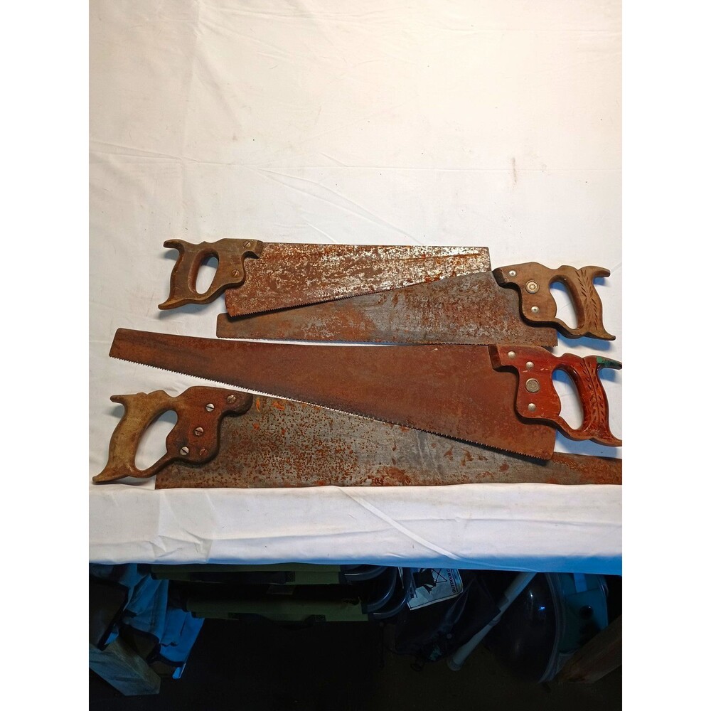 Lot of 4 Vintage Hand Saws Wood Handles Antique Carpenter Tools Rustic Decor